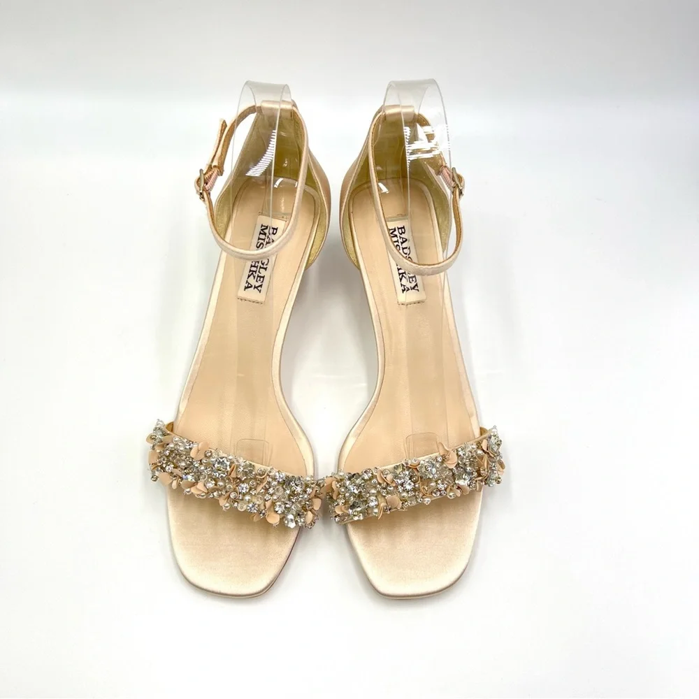 Badgley Mischka Size 7 Nude Satin Jeweled Low Wedges Heels Dress Sandals Shoes‎